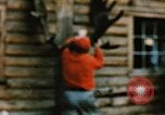 Image of Moose antlers being fastened to a log cabin Alaska USA, 1954, second 46 stock footage video 65675034930