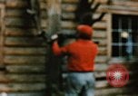 Image of Moose antlers being fastened to a log cabin Alaska USA, 1954, second 48 stock footage video 65675034930