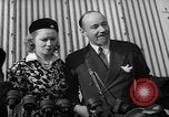 Image of Sir Hubert and Lady Wilkins speaking on arrival aboard the Hindenburg Lakehurst New Jersey USA, 1936, second 20 stock footage video 65675047077
