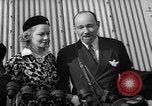 Image of Sir Hubert and Lady Wilkins speaking on arrival aboard the Hindenburg Lakehurst New Jersey USA, 1936, second 27 stock footage video 65675047077