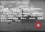 Standbild P-47 Thunderbolts geladen auf Flugzeugträger Ford Island Pearl Harbor Hawaii USA, 1944, aus Sekunde 9 historischem Filmmaterial Videoclip 65675047534