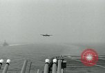 Image of Royal Navy Supermarine Attacker F1 aircraft practice touch and go landings on American aircraft carrier USS Antietam Atlantic Ocean, 1953, second 4 stock footage video 65675048898