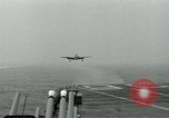 Image of Royal Navy Supermarine Attacker F1 aircraft practice touch and go landings on American aircraft carrier USS Antietam Atlantic Ocean, 1953, second 6 stock footage video 65675048898