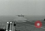 Image of Royal Navy Supermarine Attacker F1 aircraft practice touch and go landings on American aircraft carrier USS Antietam Atlantic Ocean, 1953, second 7 stock footage video 65675048898