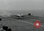 Image of Royal Navy Supermarine Attacker F1 aircraft practice touch and go landings on American aircraft carrier USS Antietam Atlantic Ocean, 1953, second 8 stock footage video 65675048898