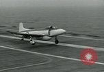 Image of Royal Navy Supermarine Attacker F1 aircraft practice touch and go landings on American aircraft carrier USS Antietam Atlantic Ocean, 1953, second 9 stock footage video 65675048898