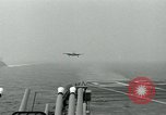 Image of Royal Navy Supermarine Attacker F1 aircraft practice touch and go landings on American aircraft carrier USS Antietam Atlantic Ocean, 1953, second 15 stock footage video 65675048898
