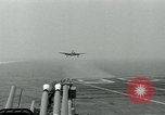 Image of Royal Navy Supermarine Attacker F1 aircraft practice touch and go landings on American aircraft carrier USS Antietam Atlantic Ocean, 1953, second 16 stock footage video 65675048898