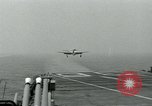 Image of Royal Navy Supermarine Attacker F1 aircraft practice touch and go landings on American aircraft carrier USS Antietam Atlantic Ocean, 1953, second 17 stock footage video 65675048898