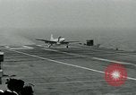 Image of Royal Navy Supermarine Attacker F1 aircraft practice touch and go landings on American aircraft carrier USS Antietam Atlantic Ocean, 1953, second 18 stock footage video 65675048898