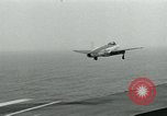 Image of Royal Navy Supermarine Attacker F1 aircraft practice touch and go landings on American aircraft carrier USS Antietam Atlantic Ocean, 1953, second 21 stock footage video 65675048898