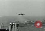 Image of Royal Navy Supermarine Attacker F1 aircraft practice touch and go landings on American aircraft carrier USS Antietam Atlantic Ocean, 1953, second 28 stock footage video 65675048898