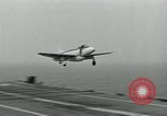 Image of Royal Navy Supermarine Attacker F1 aircraft practice touch and go landings on American aircraft carrier USS Antietam Atlantic Ocean, 1953, second 30 stock footage video 65675048898