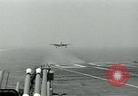 Image of Royal Navy Supermarine Attacker F1 aircraft practice touch and go landings on American aircraft carrier USS Antietam Atlantic Ocean, 1953, second 35 stock footage video 65675048898