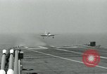 Image of Royal Navy Supermarine Attacker F1 aircraft practice touch and go landings on American aircraft carrier USS Antietam Atlantic Ocean, 1953, second 36 stock footage video 65675048898