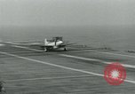 Image of Royal Navy Supermarine Attacker F1 aircraft practice touch and go landings on American aircraft carrier USS Antietam Atlantic Ocean, 1953, second 37 stock footage video 65675048898