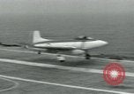 Image of Royal Navy Supermarine Attacker F1 aircraft practice touch and go landings on American aircraft carrier USS Antietam Atlantic Ocean, 1953, second 38 stock footage video 65675048898