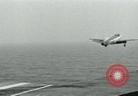Image of Royal Navy Supermarine Attacker F1 aircraft practice touch and go landings on American aircraft carrier USS Antietam Atlantic Ocean, 1953, second 40 stock footage video 65675048898