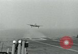 Image of Royal Navy Supermarine Attacker F1 aircraft practice touch and go landings on American aircraft carrier USS Antietam Atlantic Ocean, 1953, second 44 stock footage video 65675048898