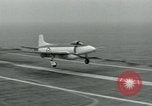 Image of Royal Navy Supermarine Attacker F1 aircraft practice touch and go landings on American aircraft carrier USS Antietam Atlantic Ocean, 1953, second 46 stock footage video 65675048898