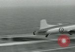 Image of Royal Navy Supermarine Attacker F1 aircraft practice touch and go landings on American aircraft carrier USS Antietam Atlantic Ocean, 1953, second 47 stock footage video 65675048898