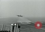 Image of Royal Navy Supermarine Attacker F1 aircraft practice touch and go landings on American aircraft carrier USS Antietam Atlantic Ocean, 1953, second 56 stock footage video 65675048898
