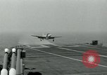 Image of Royal Navy Supermarine Attacker F1 aircraft practice touch and go landings on American aircraft carrier USS Antietam Atlantic Ocean, 1953, second 57 stock footage video 65675048898