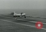 Image of Royal Navy Supermarine Attacker F1 aircraft practice touch and go landings on American aircraft carrier USS Antietam Atlantic Ocean, 1953, second 58 stock footage video 65675048898