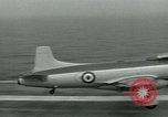 Image of Royal Navy Supermarine Attacker F1 aircraft practice touch and go landings on American aircraft carrier USS Antietam Atlantic Ocean, 1953, second 59 stock footage video 65675048898