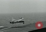 Image of Royal Navy Supermarine Attacker F1 aircraft practice touch and go landings on American aircraft carrier USS Antietam Atlantic Ocean, 1953, second 60 stock footage video 65675048898