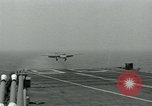 Image of British Royal Navy Hawker Seahawk aircraft practice arrested landings on the carrier USS Antietam Atlantic Ocean, 1953, second 21 stock footage video 65675048900