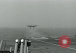 Image of British Royal Navy Hawker Seahawk aircraft practice arrested landings on the carrier USS Antietam Atlantic Ocean, 1953, second 28 stock footage video 65675048900