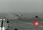 Image of British Royal Navy Hawker Seahawk aircraft practice arrested landings on the carrier USS Antietam Atlantic Ocean, 1953, second 29 stock footage video 65675048900