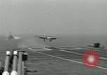 Image of British Royal Navy Hawker Seahawk aircraft practice arrested landings on the carrier USS Antietam Atlantic Ocean, 1953, second 41 stock footage video 65675048900