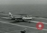 Image of British Royal Navy Hawker Seahawk aircraft practice arrested landings on the carrier USS Antietam Atlantic Ocean, 1953, second 56 stock footage video 65675048900