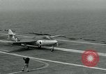 Image of British Royal Navy Hawker Seahawk aircraft practice arrested landings on the carrier USS Antietam Atlantic Ocean, 1953, second 59 stock footage video 65675048900