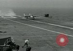 Image of British Royal Navy Vampire jet aircraft makes arrested landing aboard the U.S. carrier USS Antietam Atlantic Ocean, 1953, second 19 stock footage video 65675048902