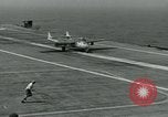 Image of British Royal Navy Vampire jet aircraft makes arrested landing aboard the U.S. carrier USS Antietam Atlantic Ocean, 1953, second 20 stock footage video 65675048902