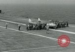 Image of British Royal Navy Vampire jet aircraft makes arrested landing aboard the U.S. carrier USS Antietam Atlantic Ocean, 1953, second 29 stock footage video 65675048902
