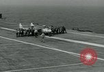 Image of British Royal Navy Vampire jet aircraft makes arrested landing aboard the U.S. carrier USS Antietam Atlantic Ocean, 1953, second 33 stock footage video 65675048902