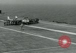 Image of British Royal Navy Vampire jet aircraft makes arrested landing aboard the U.S. carrier USS Antietam Atlantic Ocean, 1953, second 35 stock footage video 65675048902