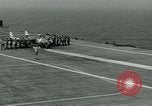 Image of British Royal Navy Vampire jet aircraft makes arrested landing aboard the U.S. carrier USS Antietam Atlantic Ocean, 1953, second 36 stock footage video 65675048902