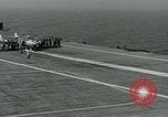Image of British Royal Navy Vampire jet aircraft makes arrested landing aboard the U.S. carrier USS Antietam Atlantic Ocean, 1953, second 38 stock footage video 65675048902