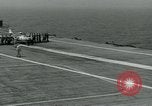 Image of British Royal Navy Vampire jet aircraft makes arrested landing aboard the U.S. carrier USS Antietam Atlantic Ocean, 1953, second 39 stock footage video 65675048902
