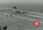 Image of British Royal Navy Vampire jet aircraft makes arrested landing aboard the U.S. carrier USS Antietam Atlantic Ocean, 1953, second 40 stock footage video 65675048902