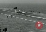 Image of British Royal Navy Vampire jet aircraft makes arrested landing aboard the U.S. carrier USS Antietam Atlantic Ocean, 1953, second 41 stock footage video 65675048902
