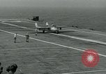 Image of British Royal Navy Vampire jet aircraft makes arrested landing aboard the U.S. carrier USS Antietam Atlantic Ocean, 1953, second 42 stock footage video 65675048902