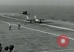 Image of British Royal Navy Vampire jet aircraft makes arrested landing aboard the U.S. carrier USS Antietam Atlantic Ocean, 1953, second 44 stock footage video 65675048902