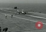 Image of British Royal Navy Vampire jet aircraft makes arrested landing aboard the U.S. carrier USS Antietam Atlantic Ocean, 1953, second 45 stock footage video 65675048902