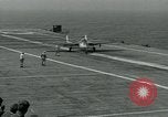Image of British Royal Navy Vampire jet aircraft makes arrested landing aboard the U.S. carrier USS Antietam Atlantic Ocean, 1953, second 46 stock footage video 65675048902